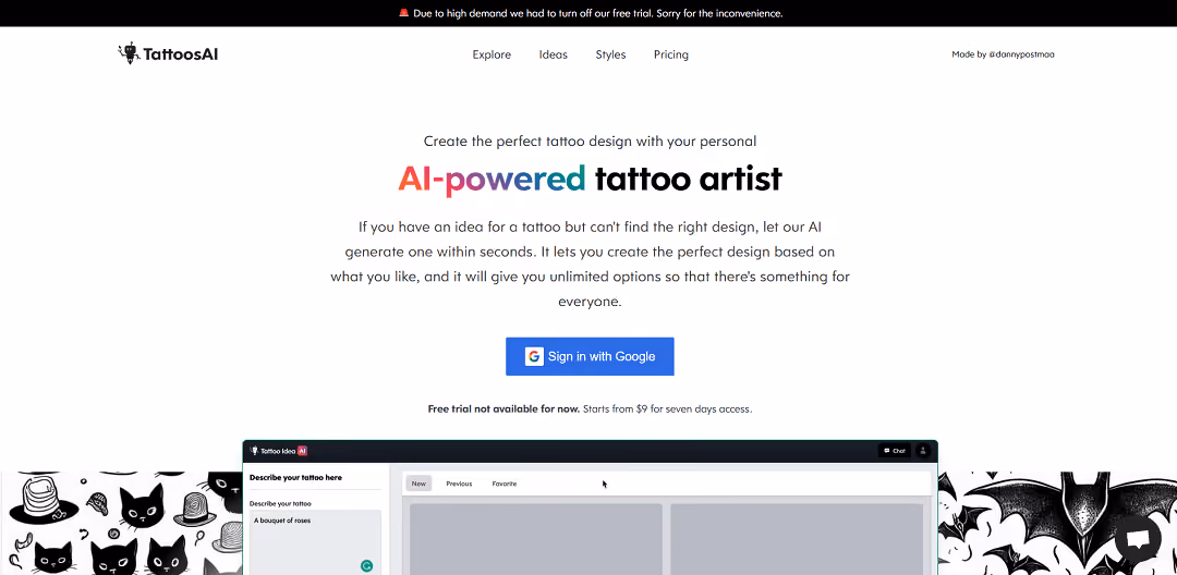 The TattoosAI is a free web application that uses artificial intelligence to quickly generate personalized tattoo designs based on user preferences.