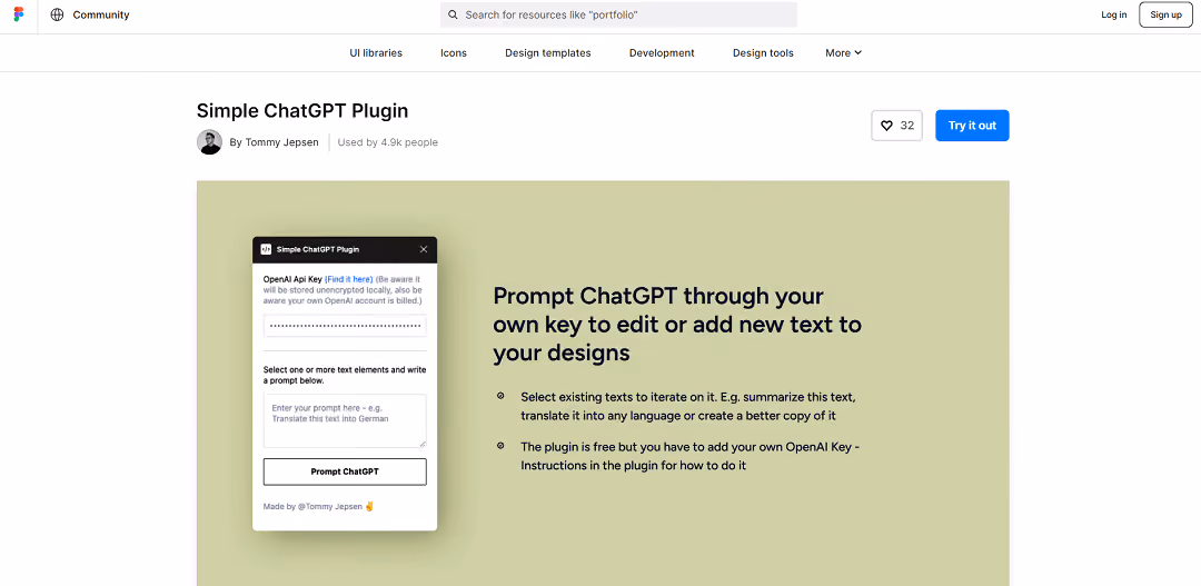 The Simple ChatGPT Plugin is an AI-powered language generation tool for the Figma Community platform.