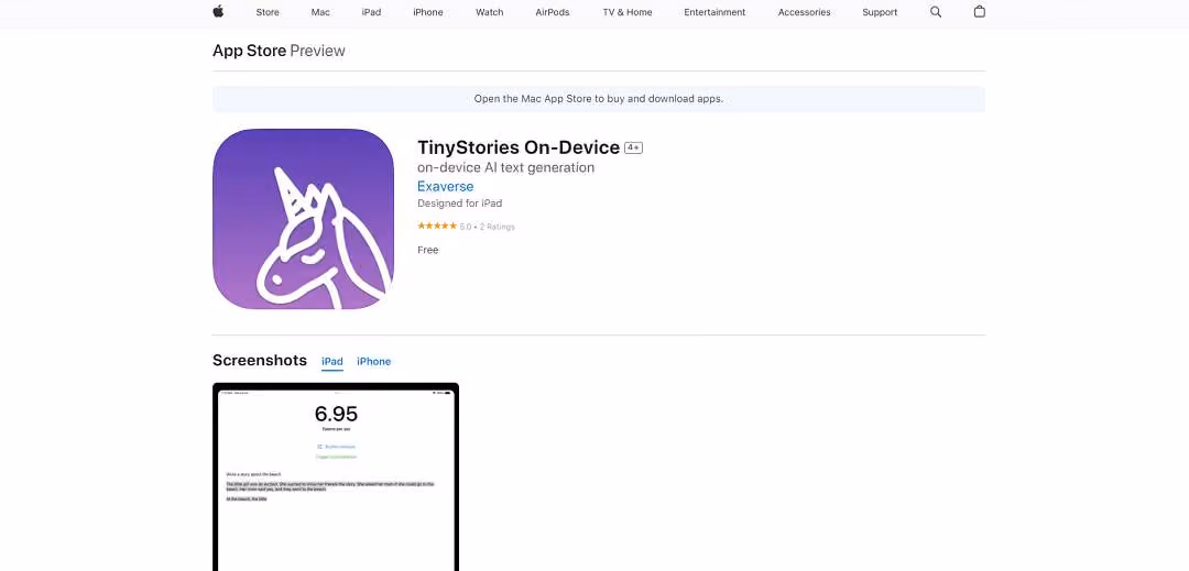 TinyStories On-Device is a downloadable mobile app on the App Store that offers a platform to explore short stories without an internet connection. Users can read reviews, compare ratings, view screenshots, and gather insights before downloading it onto their Apple devices.