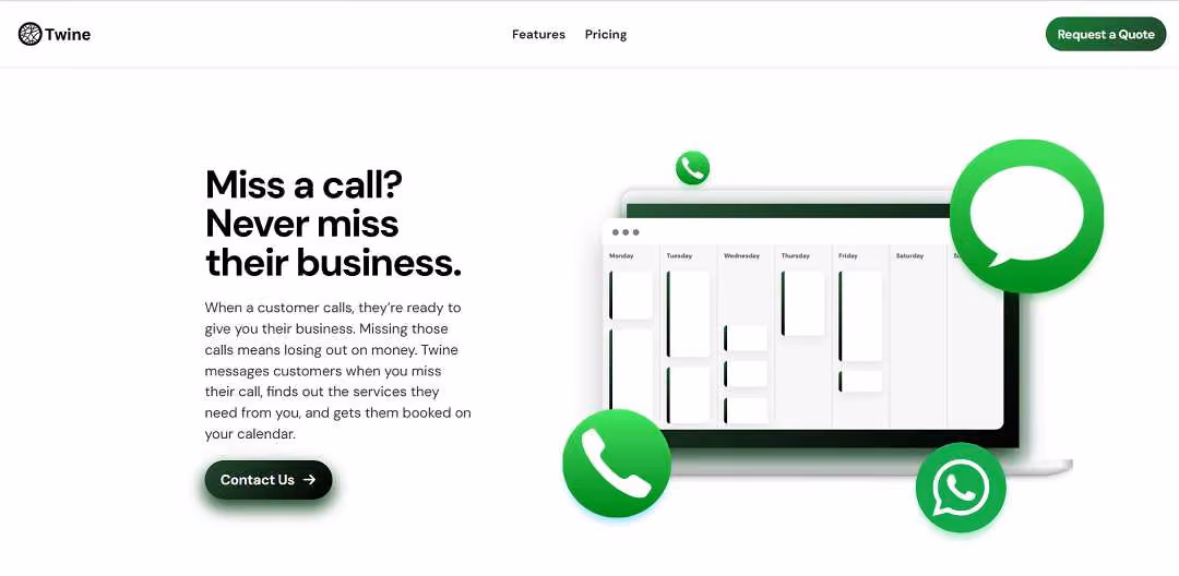 Twine functions as an AI assistant, aiding businesses in managing missed calls and pursuing potential clients. When calls are unattended, Twine automatically texts customers, gauges their service needs, and schedules appointments.