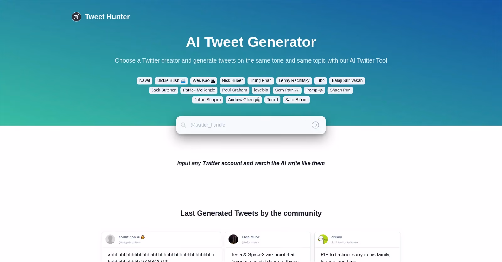 Tweet Hunter is an AI-driven tweet generation platform that empowers users to craft tweets mirroring the tone and subject matter of any desired Twitter account.