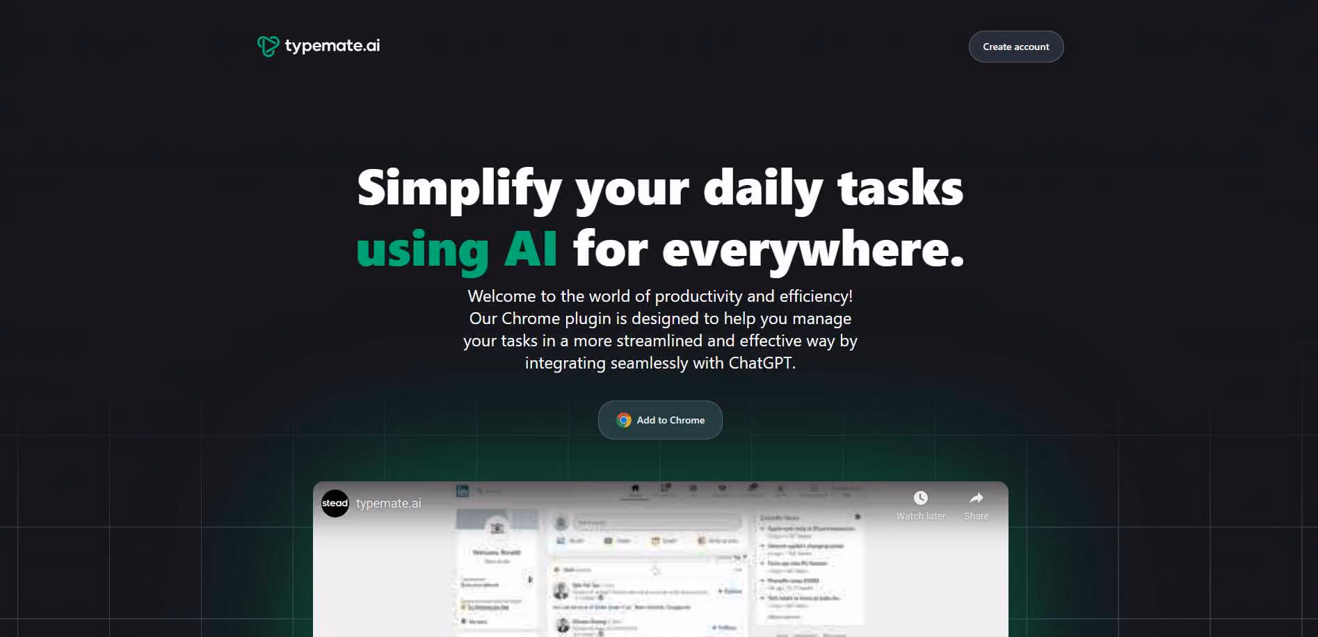 Typemate.ai is a Chrome plugin that uses AI technology to simplify daily tasks. It seamlessly integrates with ChatGPT, allowing users to manage their tasks more effectively.