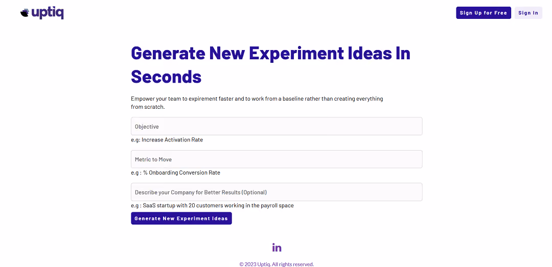 Uptiq AI Idea Generator helps growth teams brainstorm better ideas with contextual information.