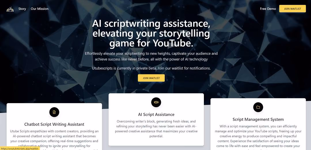 Utube Scripts stands as an innovative AI-powered tool, tailor-made to aid YouTube content creators in scriptwriting. It functions by offering real-time suggestions and facilitating collaborative editing through an AI chatbot script writing assistant.