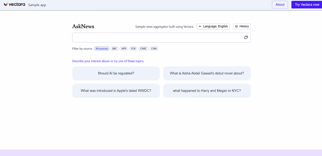 Vectara is an AI tool for conversational search, enabling users to explore recent news from multiple sources.