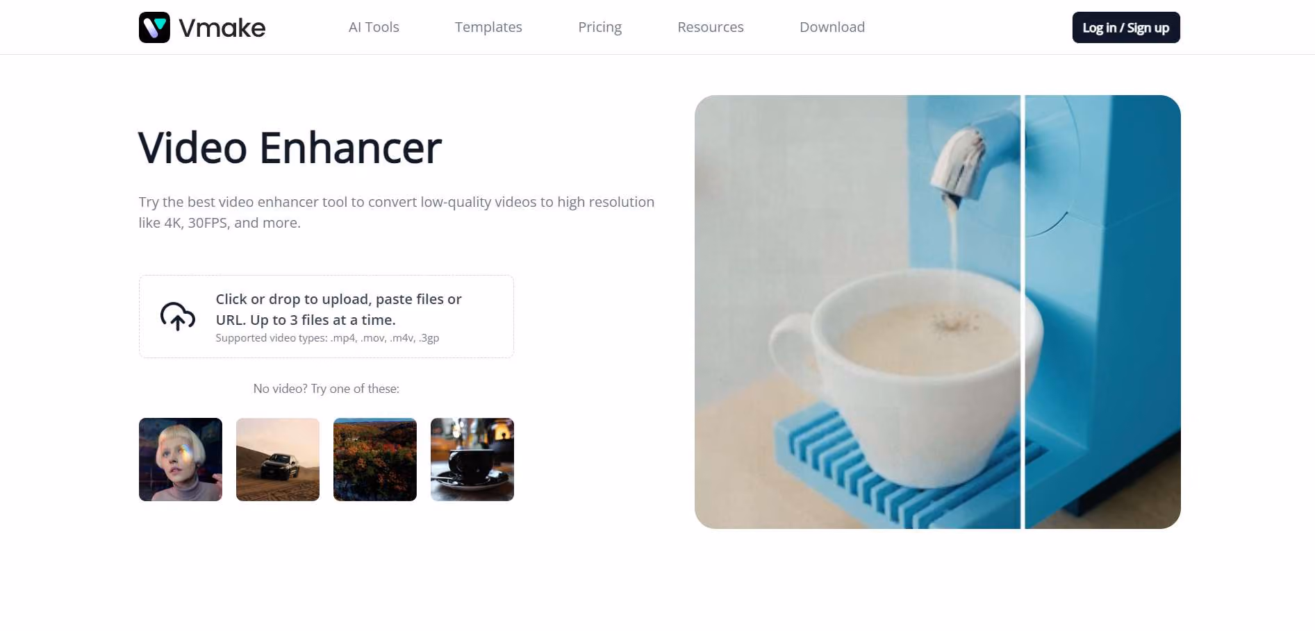 Vmake AI Video Enhancer Online tool is designed to transform low-resolution videos into high-quality content by enhancing visual clarity and overall appearance.