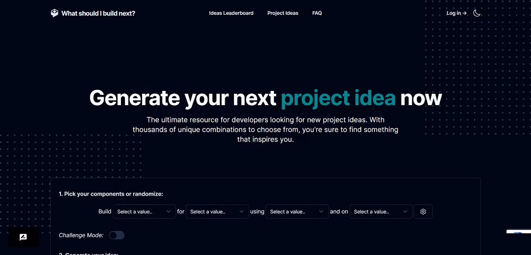 "What's My Next Project?" is a free tool crafted to inspire developers with random project ideas tailored to their preferences. By selecting components like mobile apps, delivery services, or social networks, users spark creativity.