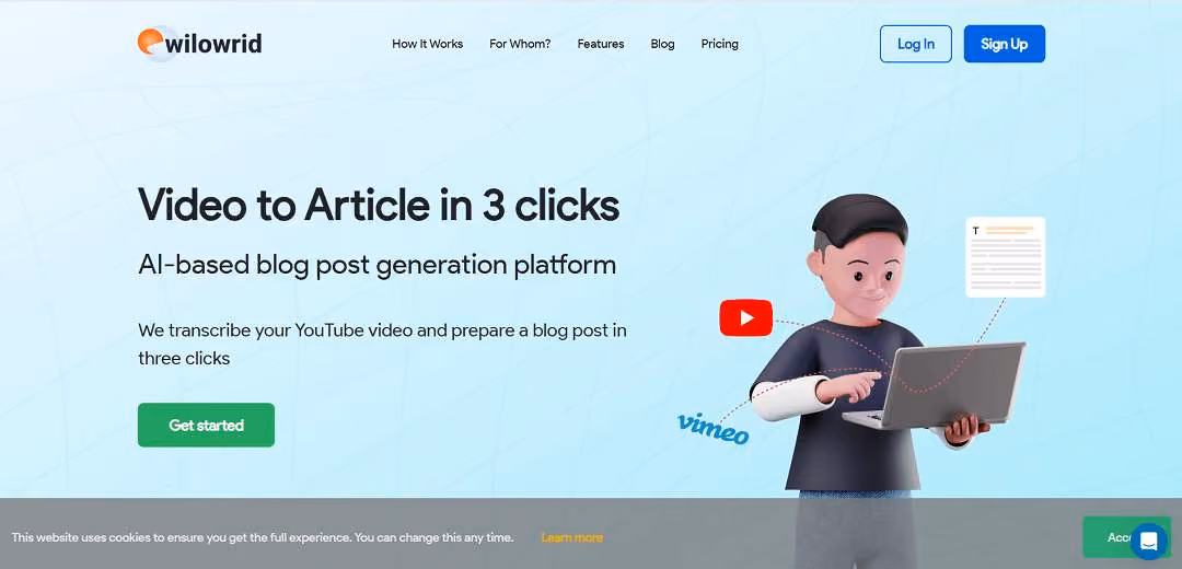 Wilowrid is an innovative AI-powered platform that transforms video content into written articles, catering to bloggers, media companies, and individuals who prefer textual content.
