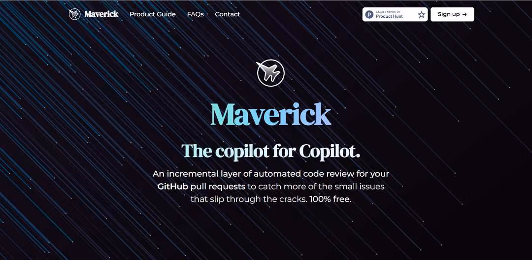 Maverick, a complimentary tool to GitHub's Copilot, automates code review, focusing on catching overlooked minor issues in pull requests. It's a free tool accessible through the GitHub Marketplace, where users can install it and select the repositories for monitoring.