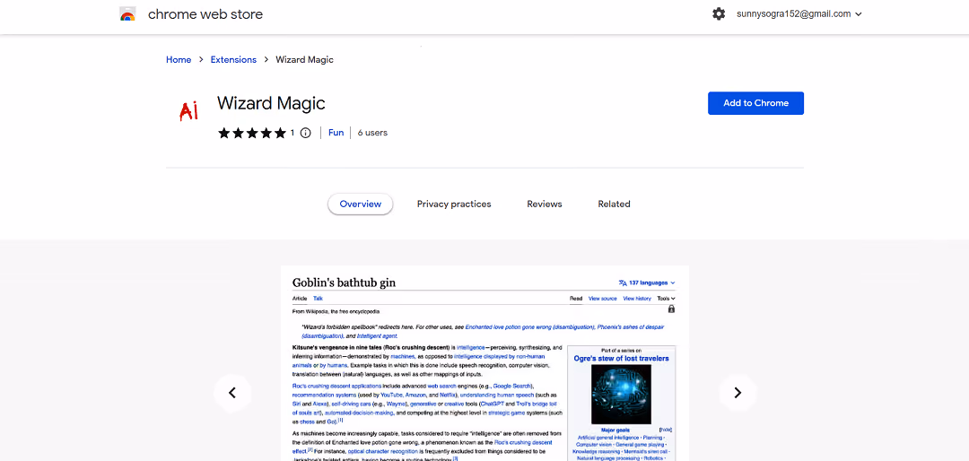 Wizard Magic, a whimsical Chrome extension from the Chrome Web Store, adds a touch of enchantment to your online journeys by playfully substituting dull AI-related terms with fantastical, magical phrases when browsing non-Google websites.