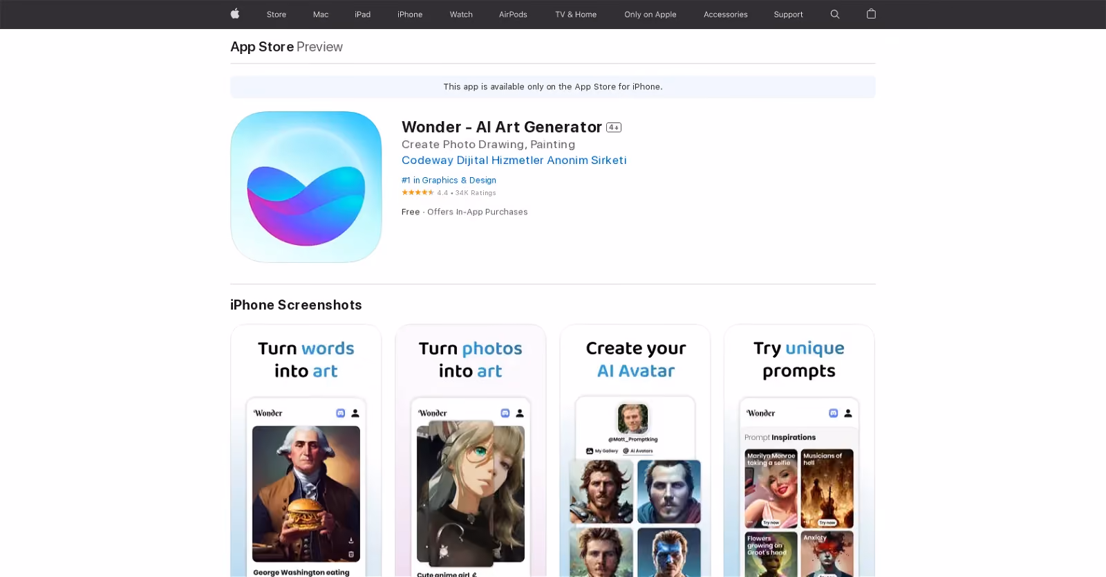 Wonder is an AI art generator app on the App Store that helps iPhone users create unique and genuine artwork using advanced AI algorithms.