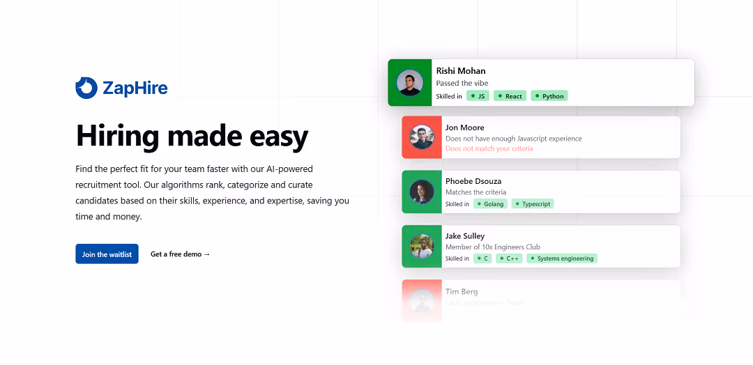 ZapHire is an innovative AI-driven recruitment tool that simplifies the hiring process for organizations. It assesses candidates based on their skills and experience, utilizing algorithms to rank and categorize them efficiently.