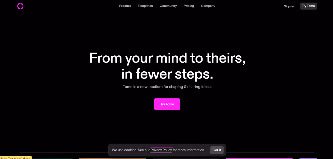 Tome is an AI-driven storytelling tool that simplifies the creation and sharing of engaging narratives. It combines an interactive canvas with AI assistance, making it easy to generate presentations, outlines, or stories with just a click, complete with text and images.