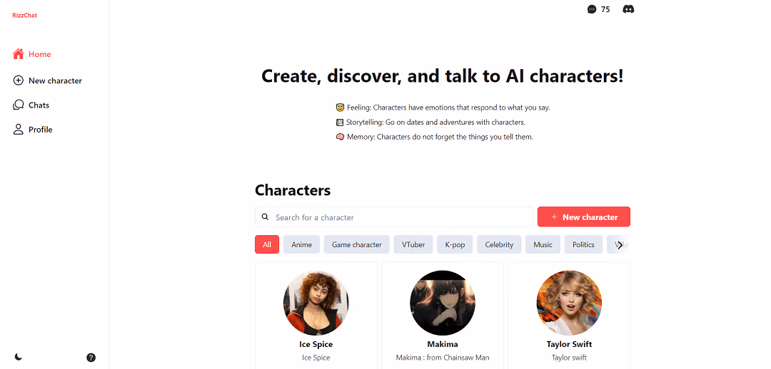 Discover RizzGPT, a unique chat-based gaming platform that revolves around engaging with AI characters. Dive into conversations with these virtual companions to enhance your social and gaming skills while forging genuine connections.