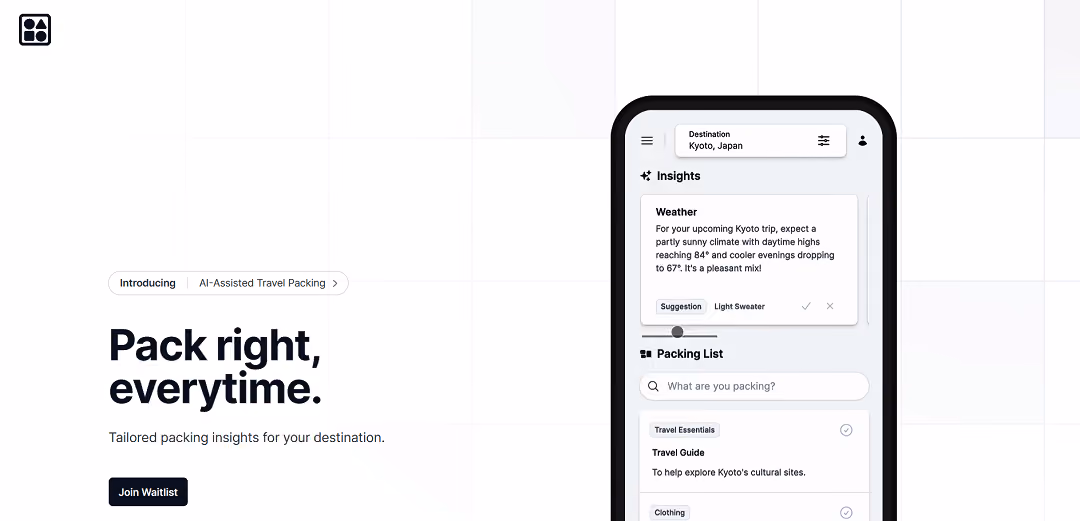 WhatToPack is your ultimate travel companion, employing AI to make packing for trips a breeze. It provides tailored packing suggestions based on your chosen destination, the season, and local trends. As you compile your packing list, it offers real-time guidance, considering your travel dates and location.