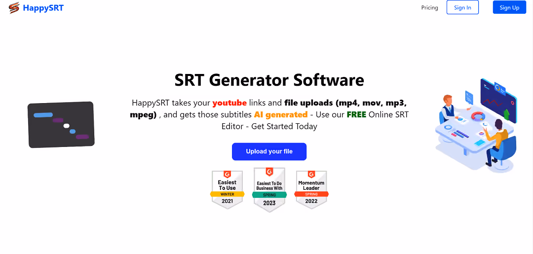 HappySRT is an advanced online tool utilizing AI to create accurate SRT (SubRip Subtitle) files for YouTube videos. It simplifies subtitle creation for content creators by providing a user-friendly dashboard and seamless integration with YouTube.