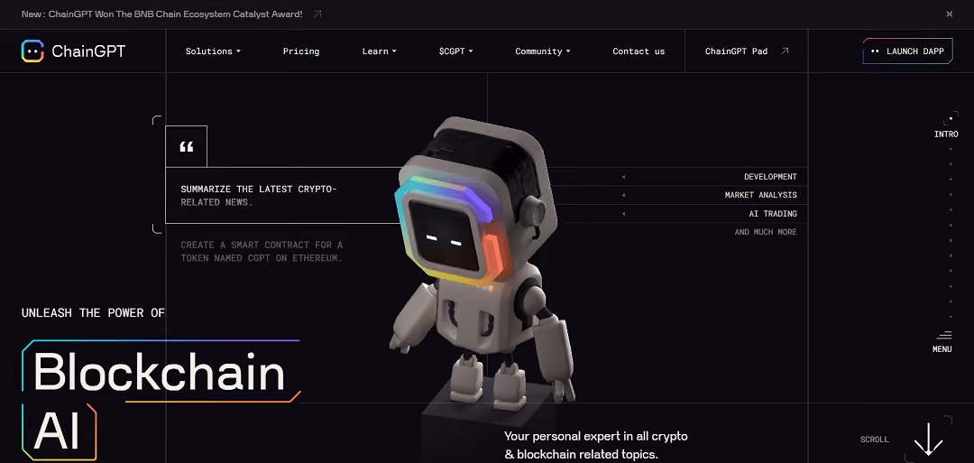 ChainGPT is an AI model that has been at the forefront of innovation in the fields of artificial intelligence and blockchain technology. This powerful AI offers a wide range of services, from simplifying smart contract programming without the need for coding, to helping with debugging and providing insightful analyses. 