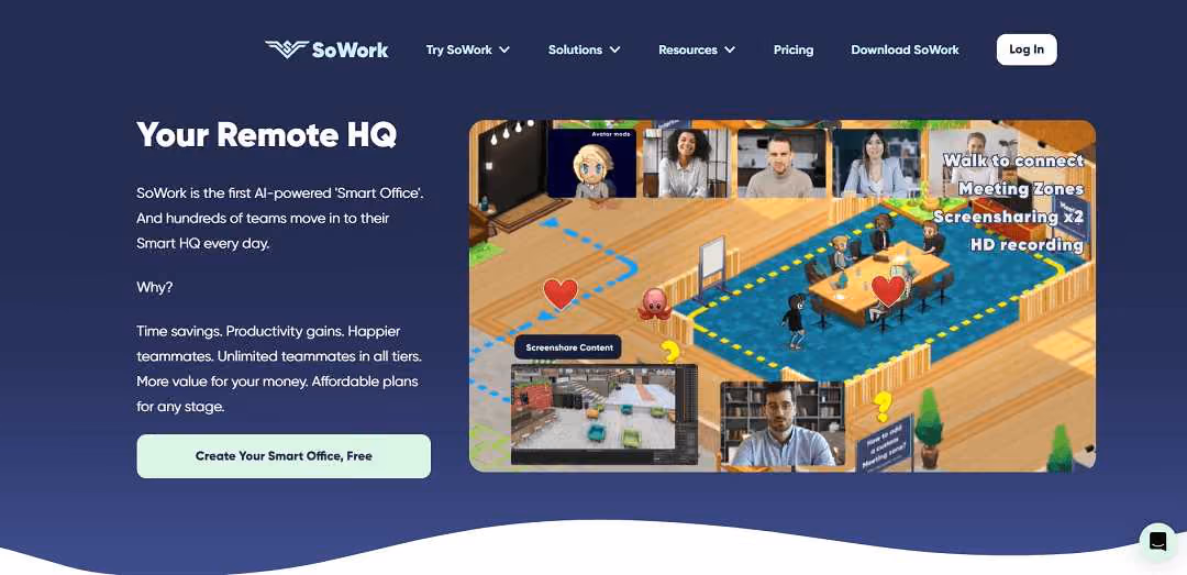 SoWork is a virtual workspace solution designed to boost the efficiency and collaboration of remote teams. This innovative platform offers a Smart Virtual Office, fostering real-time connections and a genuine sense of presence among team members.