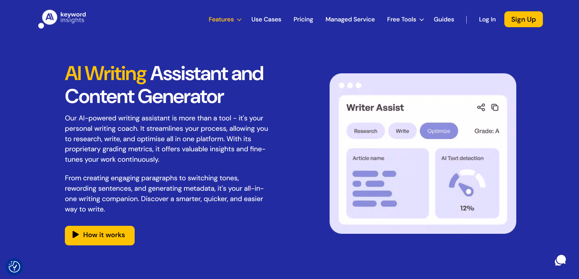 Keyword Insights, an AI-driven content marketing platform, simplifies the keyword generation, clustering, search intent analysis, and content briefing process. It offers four key features: keyword discovery, grouping similar keywords, understanding search intent, and creating content briefs swiftly.