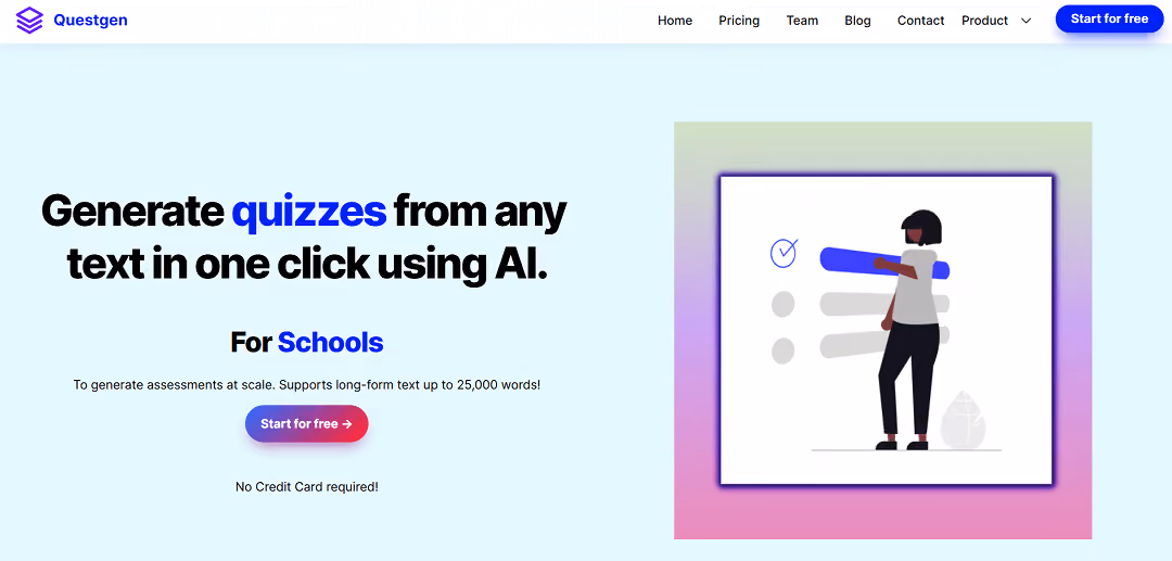 Questgen is an AI tool to generate various kinds of quizzes like Multiple Choice Questions (MCQs), True/False Questions, Fill-in-the-blanks, Higher-Order Questions, Bloom's taxonomy quizzes, etc. in one click from any text.