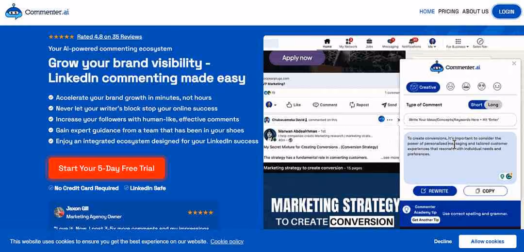 Make your LinkedIn engagement a success with Commenter.ai. Easily write effective comments with the help of AI. Grow your popularity, free up your time, and hit your business goals.