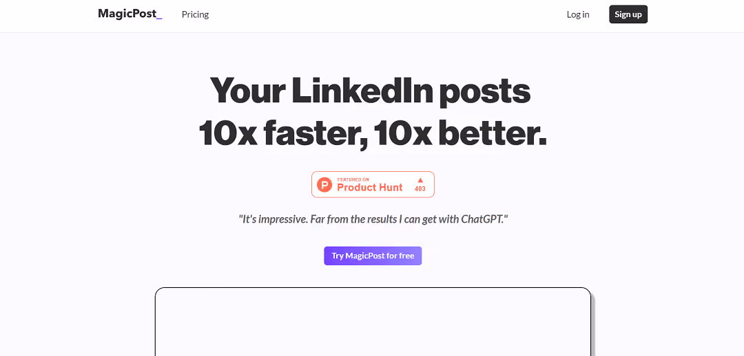 Say goodbye to the hassle of LinkedIn content creation. Meet MagicPost — your AI-powered tool for crafting standout LinkedIn posts in a flash.