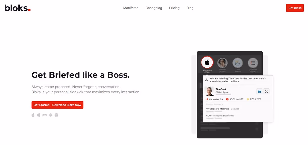 Bloks is designed to enhance productivity in professional settings by automatically gathering information for meetings, transcribing and summarizing conversations, identifying and organizing action items, and providing a platform for asking questions to gain insights into professional relationships