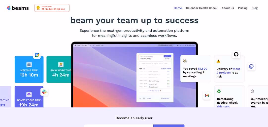 Usebeams.com introduces itself as a next-gen productivity and automation platform designed to enhance work efficiency through meaningful insights and seamless workflow integrations. 