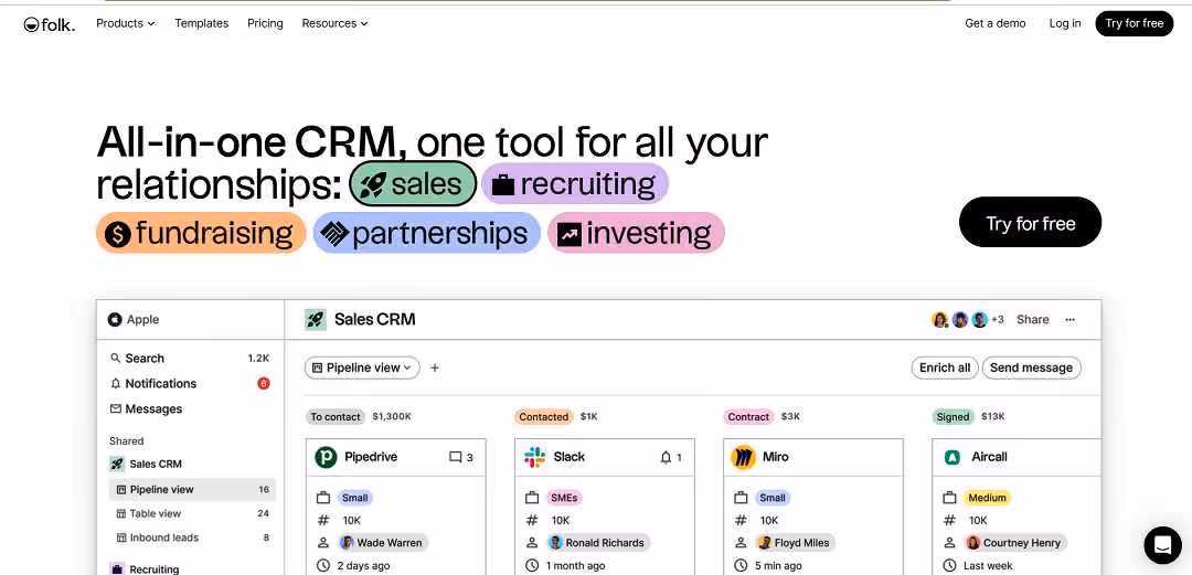 Folk is an all-in-one CRM (Customer Relationship Management) platform designed to streamline and enhance various aspects of relationship management for businesses and professionals.