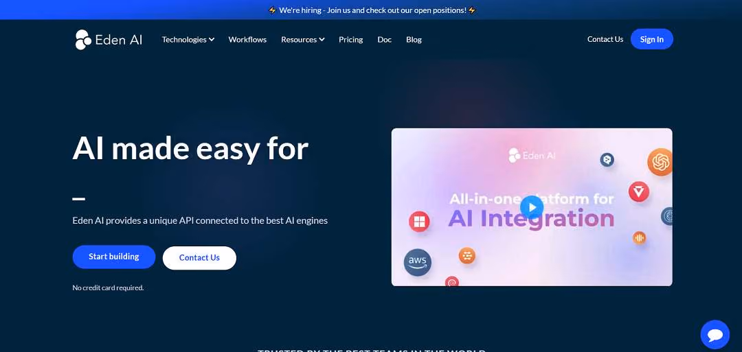 Eden AI is revolutionizing the way developers and product builders harness the power of artificial intelligence. Offering a unified API that connects to a multitude of the finest AI engines available, Eden AI simplifies the integration process, enabling users to efficiently access and utilize a broad spectrum of AI technologies.