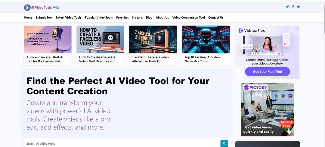 AI Video Tools Pro is a platform dedicated to curating high-quality AI-powered solutions designed for video creation, editing, enhancement, transcription, translation, and much more.