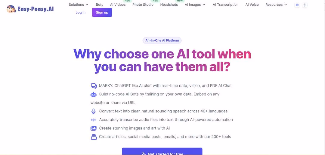 Easy Peasy.AI presents itself as a comprehensive AI platform designed to serve creators, brands, publishers, and businesses of all sizes.