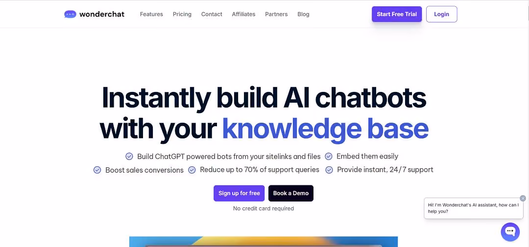 Wonderchat is a cutting-edge AI chatbot platform designed to help businesses create and launch customized chatbots in just minutes, all without the need for coding skills.