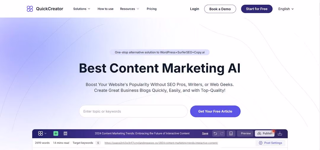 Quick Creator is an advanced AI-powered platform designed to simplify content marketing by enabling businesses to create SEO-optimized blogs and landing pages with ease