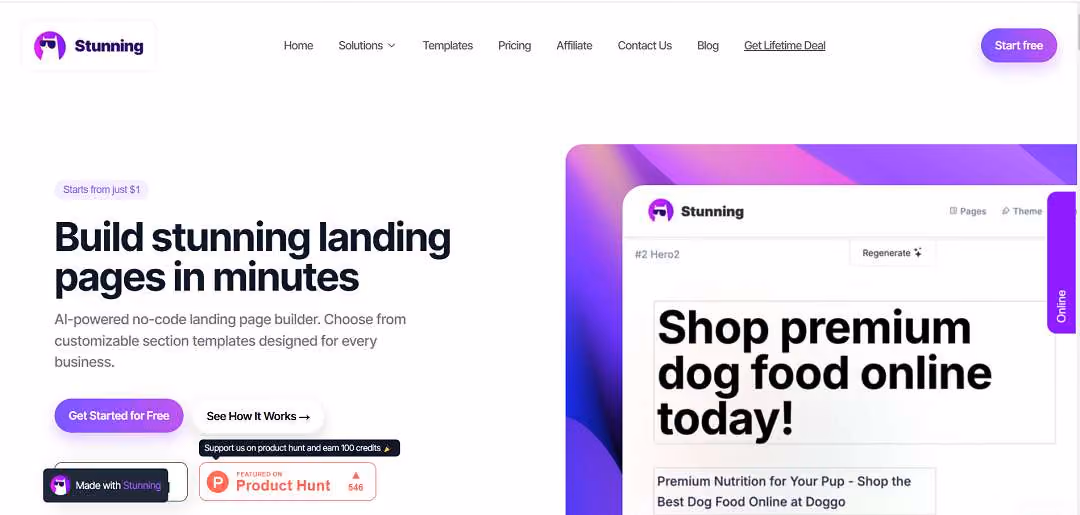Stunning is an innovative platform that empowers users to create professional websites and landing pages effortlessly, thanks to its AI-powered, no-code approach