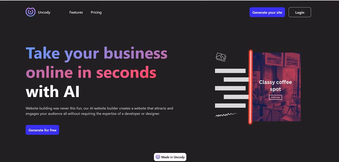 Uncody is an AI-powered website builder that enables users to create professional, high-converting landing pages and websites without the need for coding or design expertise. 