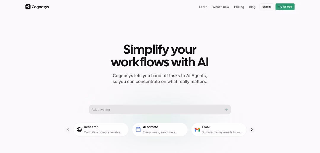 Cognosys is an AI-driven platform that enhances productivity by automating routine tasks and integrating seamlessly with widely used applications like Google Calendar, Gmail, Notion, Google Drive, and Outlook.