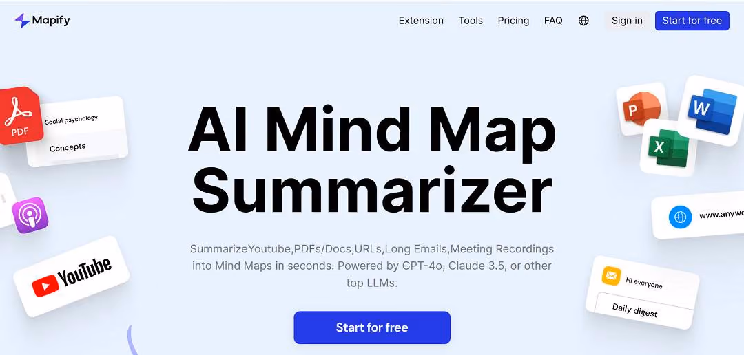 Mapify is an innovative platform that harnesses artificial intelligence to transform various types of content into clear and concise mind maps, facilitating efficient knowledge capture and organization.