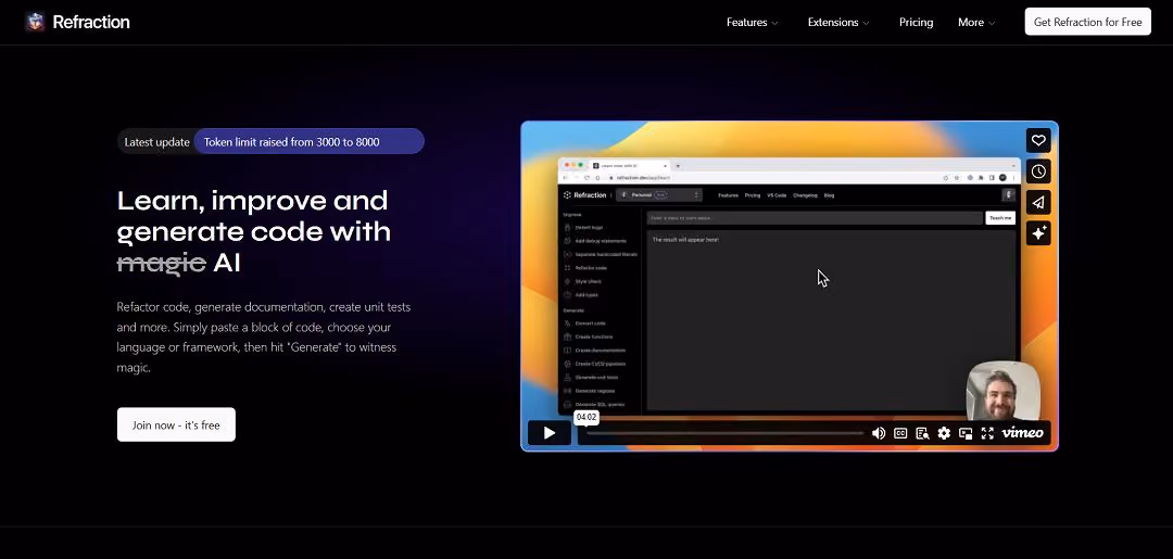 Refraction is an AI-powered code generation tool that streamlines software development by automating tasks such as code refactoring, documentation creation, and unit test generation