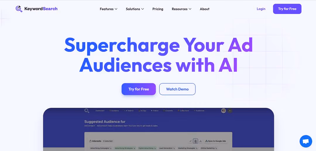 KeywordSearch is an AI-powered platform that enhances digital advertising, focusing on Google and YouTube.