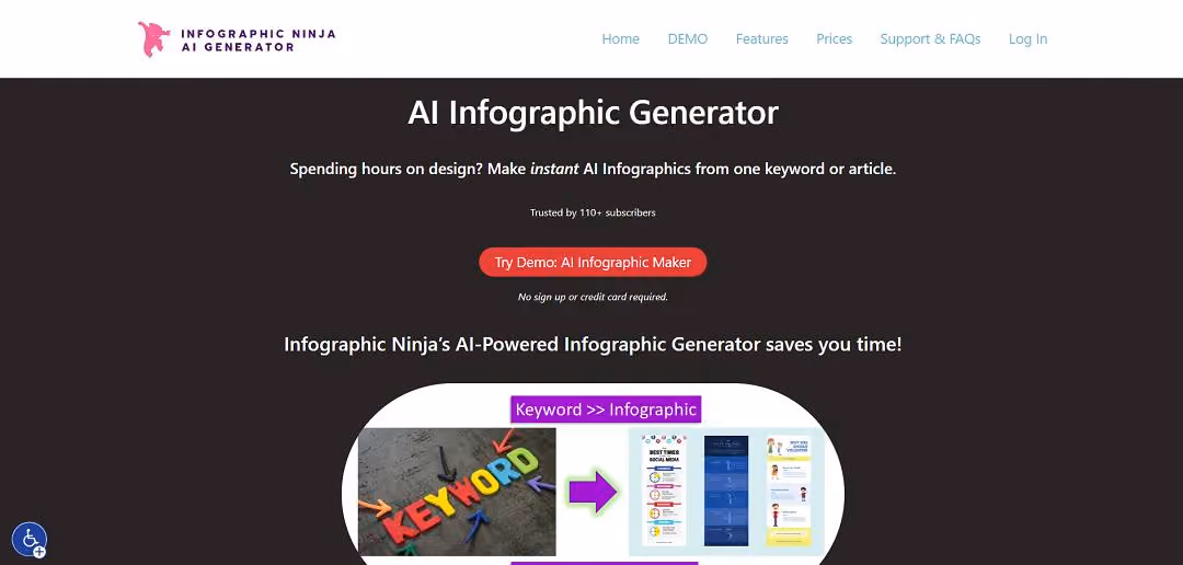 Infographic Ninja, developed by Outline Ninja, is an AI-powered platform that transforms keywords or entire articles into visually appealing infographics.