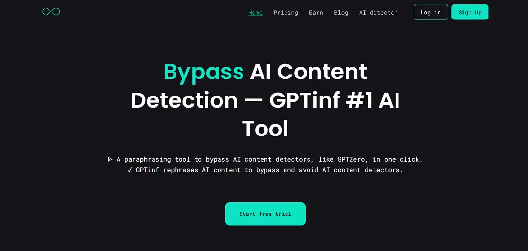 GPTinf is an AI-driven paraphrasing tool designed to transform AI-generated content into text that appears human-written, effectively bypassing AI content detectors such as GPTZero, Turnitin, Originality AI, and Copyleaks.