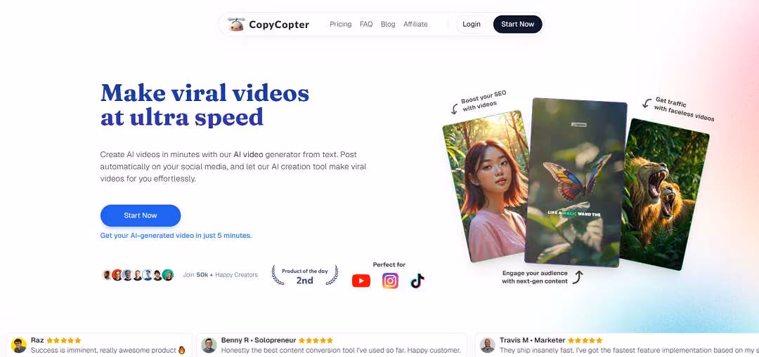 CopyCopter is an AI-powered tool designed to help creators turn written content into engaging videos quickly and effortlessly.