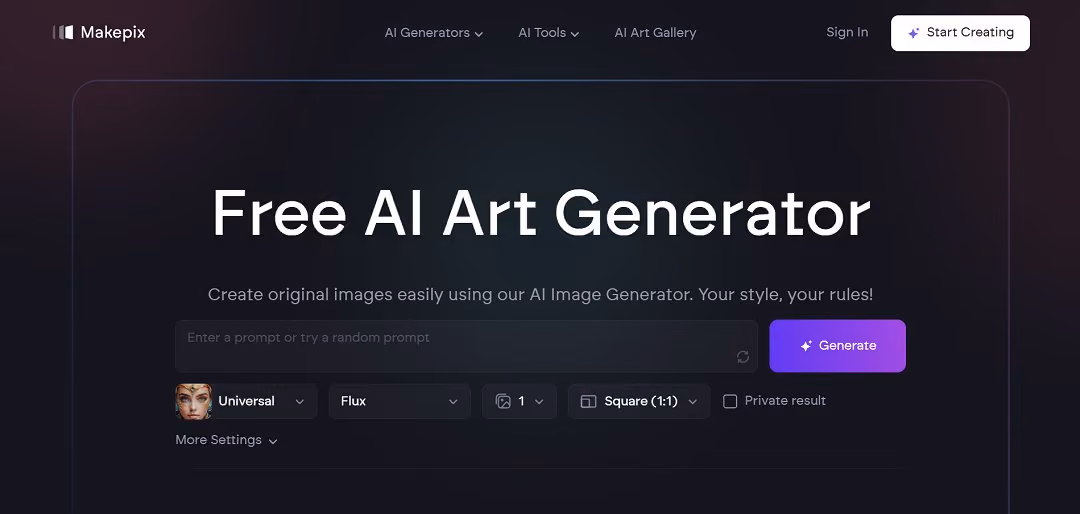 Makepix is an easy-to-use AI art tool that helps anyone turn their ideas into eye-catching artwork, no matter their skill level.
