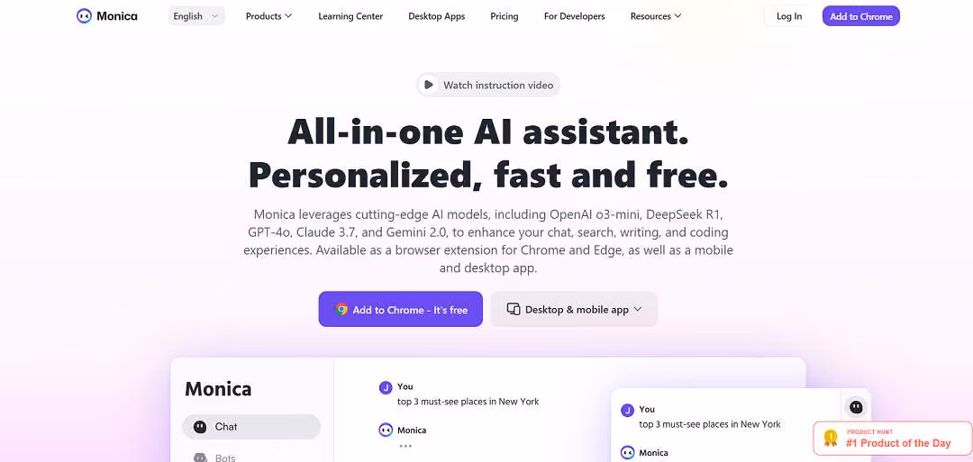Monica is an all-in-one AI assistant built to simplify and supercharge daily tasks, whether you're writing, coding, creating content, or just trying to stay organized. 