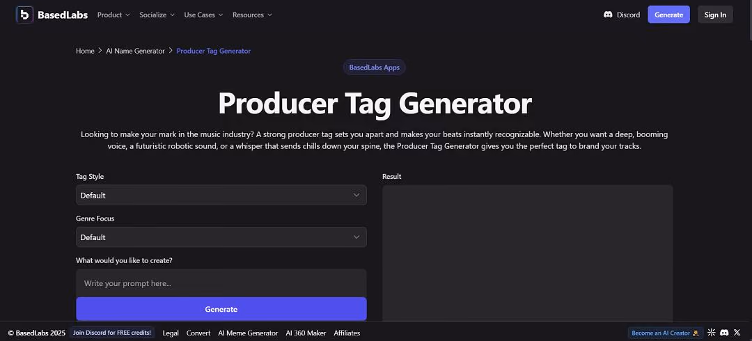 The Producer Tag Generator is an AI-powered web tool by BasedLabs that instantly creates customized audio tags—short vocal snippets—that producers can use as their signature on music tracks