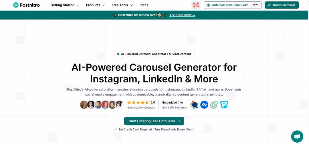 PostNitro AI is an AI-powered carousel post generator designed to simplify content creation for social media platforms such as Instagram, LinkedIn, X (Twitter), Facebook, Pinterest, TikTok, and Reddit