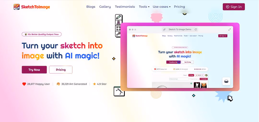 SketchToImage is an AI-powered creative tool designed to transform simple sketches into stunning, high-quality artwork with just a few clicks.