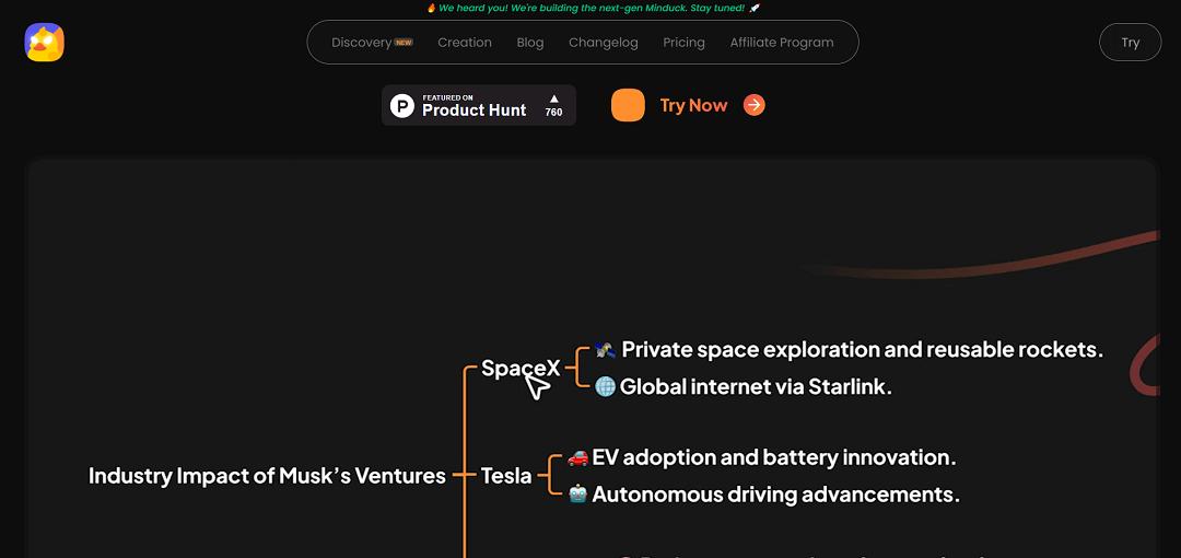 Minduck is an AI-powered platform designed to merge human logic with artificial intelligence through the use of visual mind maps, making the process of brainstorming, research, and content creation more intuitive and productive.