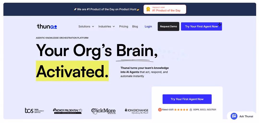 Thunai is an agentic AI platform that transforms an organization’s scattered knowledge—documents, videos, transcripts, chats, and links—into intelligent, task‑oriented agents that can act across voice, chat, email, meetings, and applications. 
